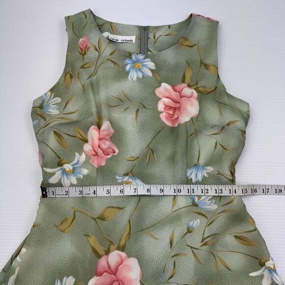 Sarah Richards Green Floral Dress Sleeveless Lined Belted Tie - Picture 5 of 6